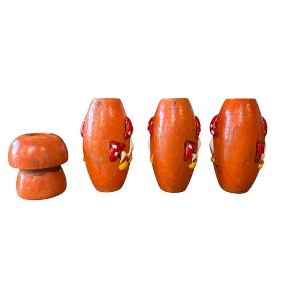 VTG Hand Painted Wooden Beads 3D Mushrooms Orange Retro Hippy DIY Necklace Craft - Picture 2 of 5